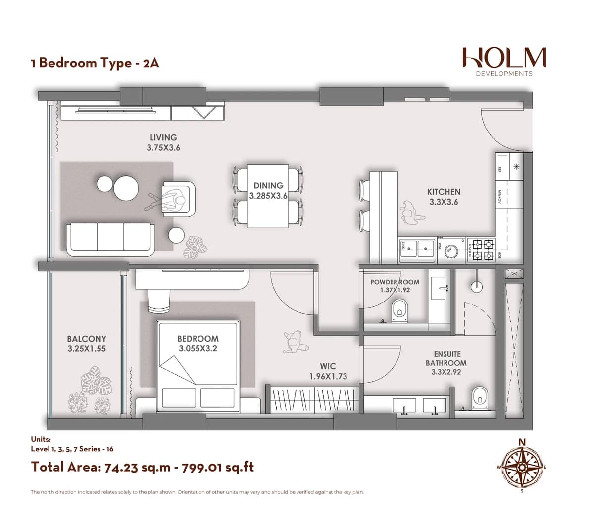 HOLM One floor plan — 1 Bedroom Type 2A · 799.01 sq ft