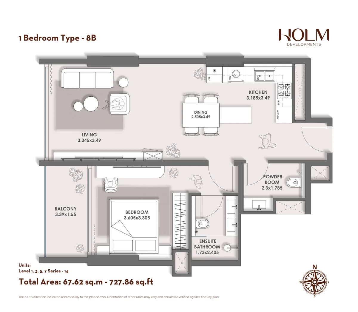 HOLM One floor plan — 1 Bedroom Type 8B · 727.86 sq ft