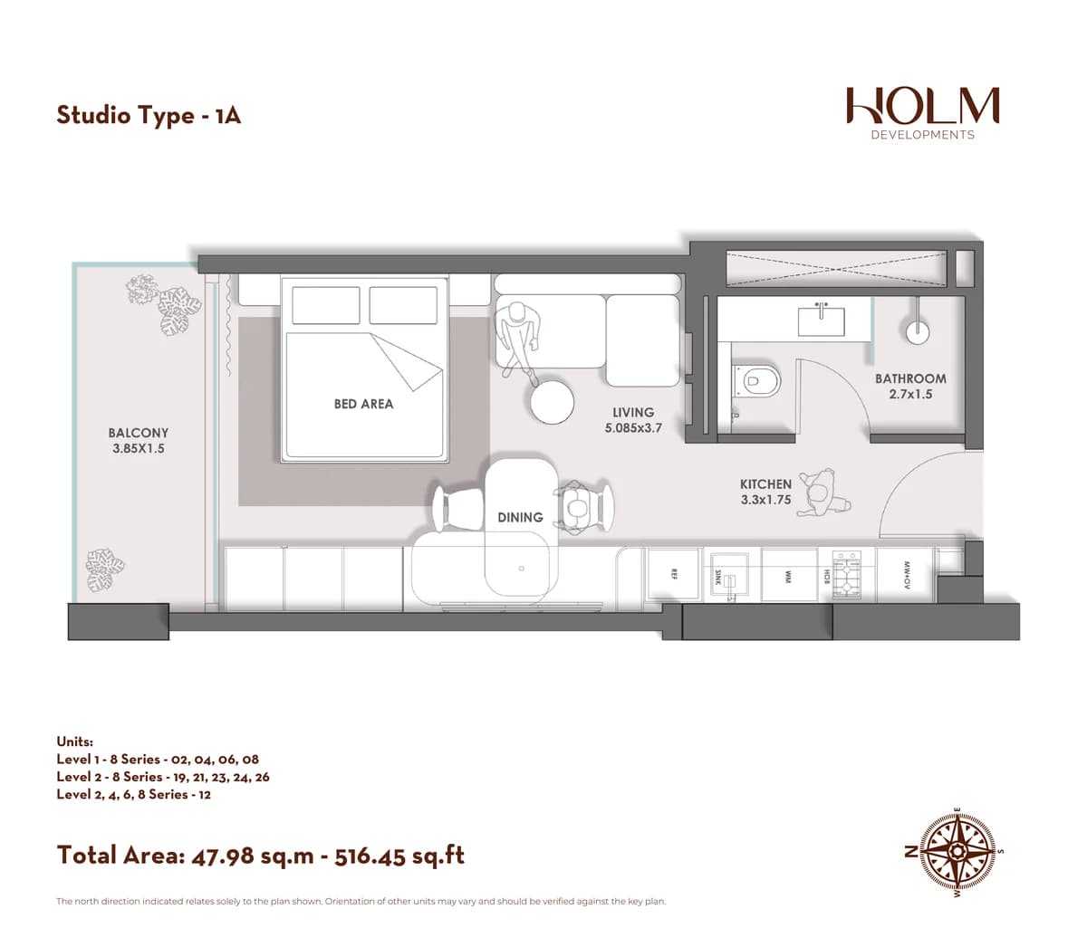 HOLM One floor plan — Studio Type 1A · 516.45 sq ft