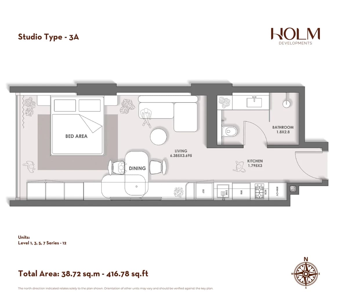 HOLM One floor plan — Studio Type 3A · 416.78 sq ft